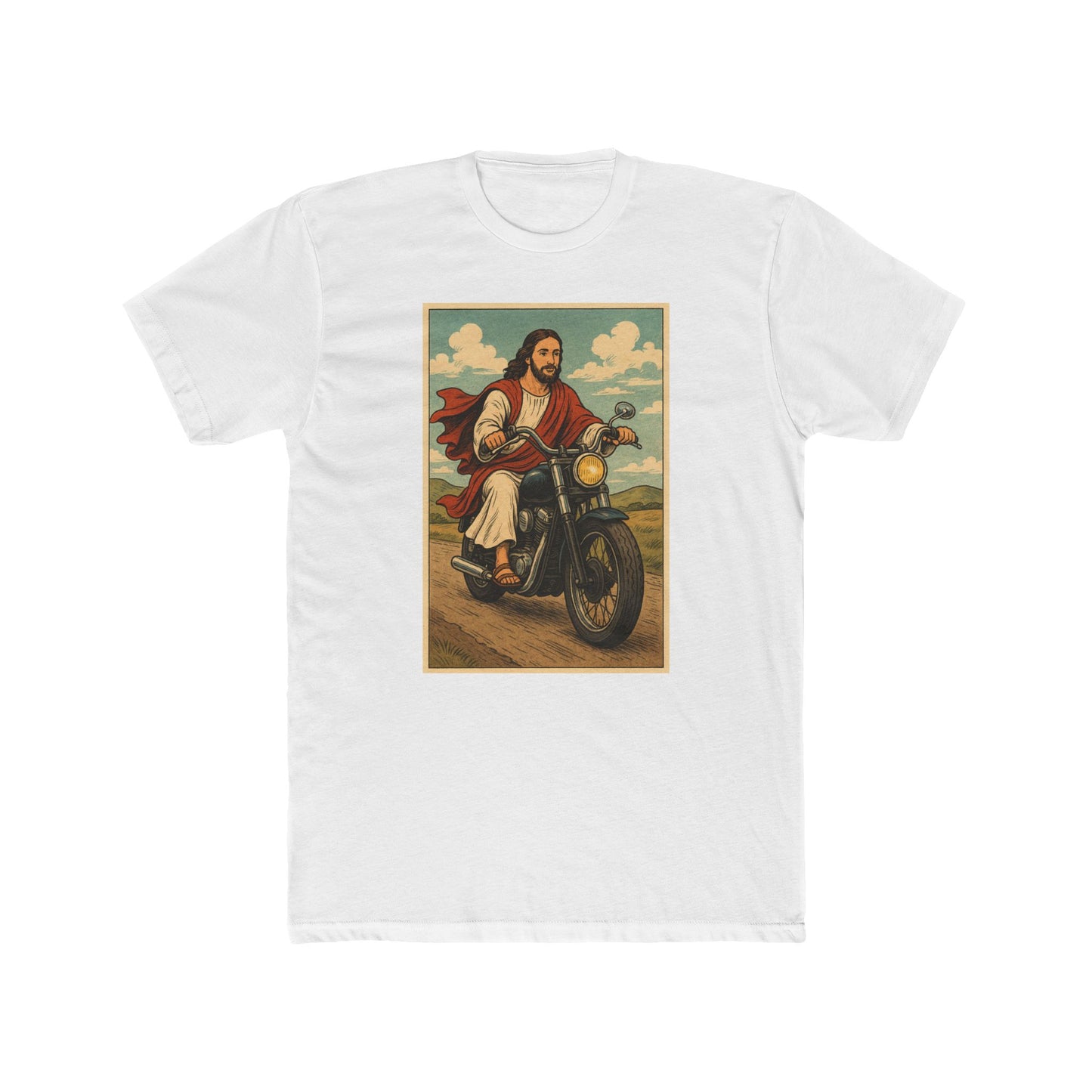 Vintage Jesus on Motorcycle Unisex Cotton Crew Tee, Cool Religious Gift, Biker Shirt, Faith-Inspired Apparel, Motorcycle Lover Tee