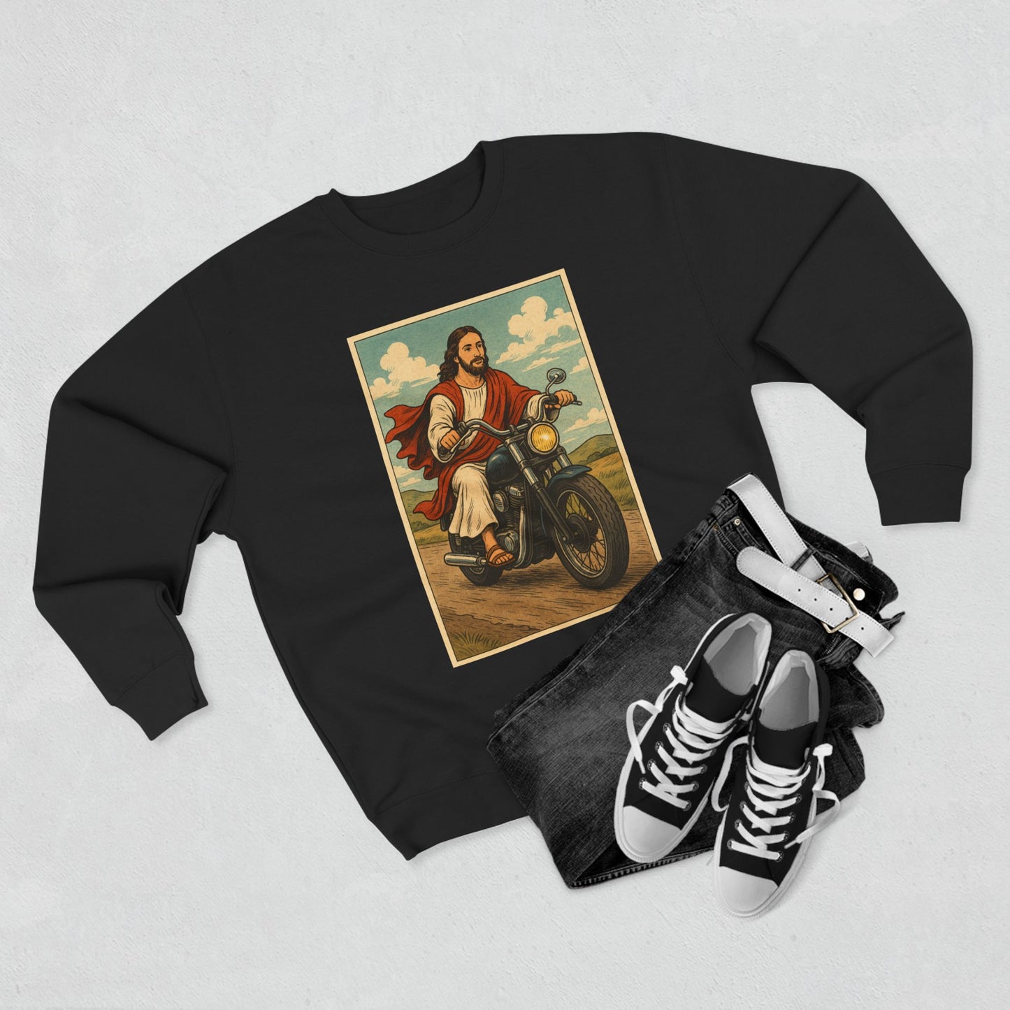 Vintage Jesus Riding Motorcycle Unisex Crewneck Sweatshirt | Comfortable Casual Wear