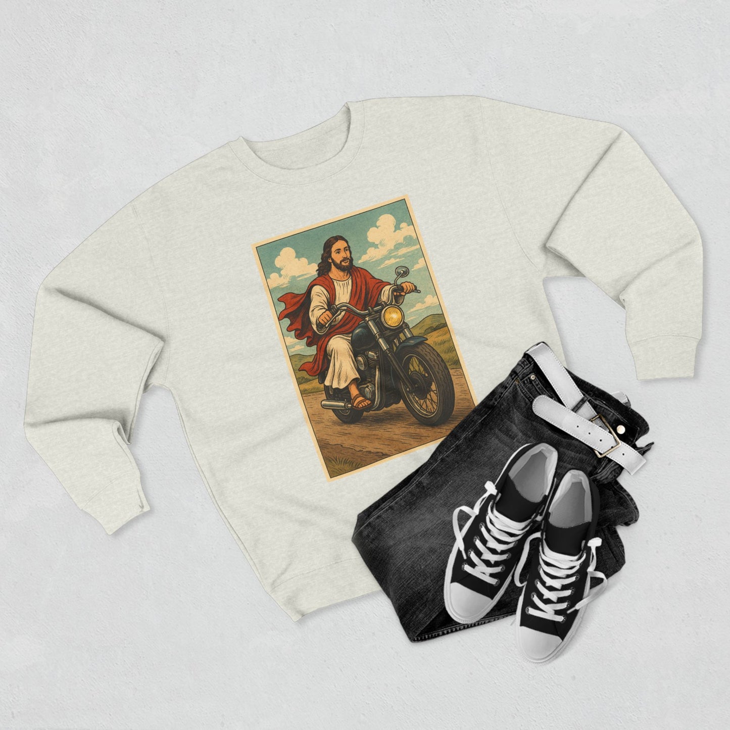 Vintage Jesus Riding Motorcycle Unisex Crewneck Sweatshirt | Comfortable Casual Wear