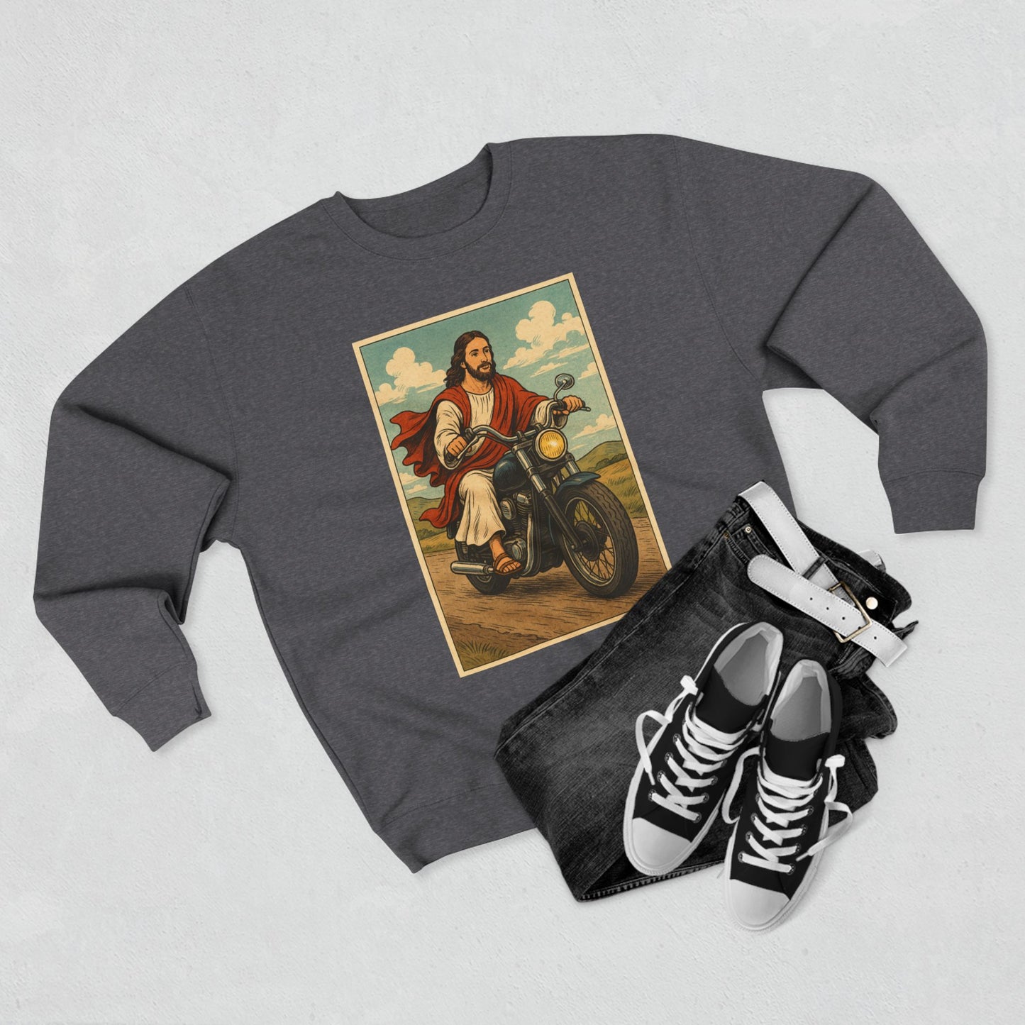 Vintage Jesus Riding Motorcycle Unisex Crewneck Sweatshirt | Comfortable Casual Wear